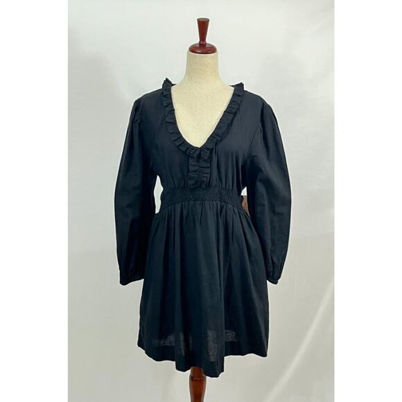 ABIGAIL ZWAANS Sz L Large Black Baie Ruffle Long Sleeve Dress NWT Cotton Linen - Picture 9 of 10